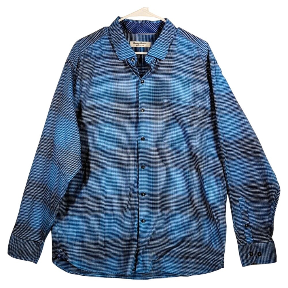 Tommy Bahama Prima Cotton Long Sleeve Blue Plaid Button Down Shirt Size XL